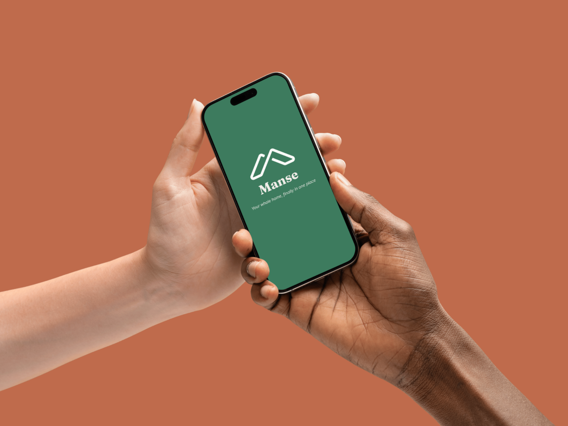 Hands holding a phone showing the Manse app